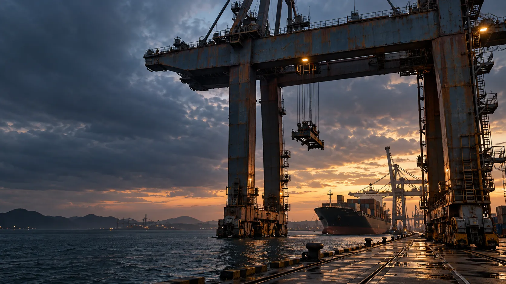 Illustrative South Korean cargo port with architectural gantry cranes at dusk